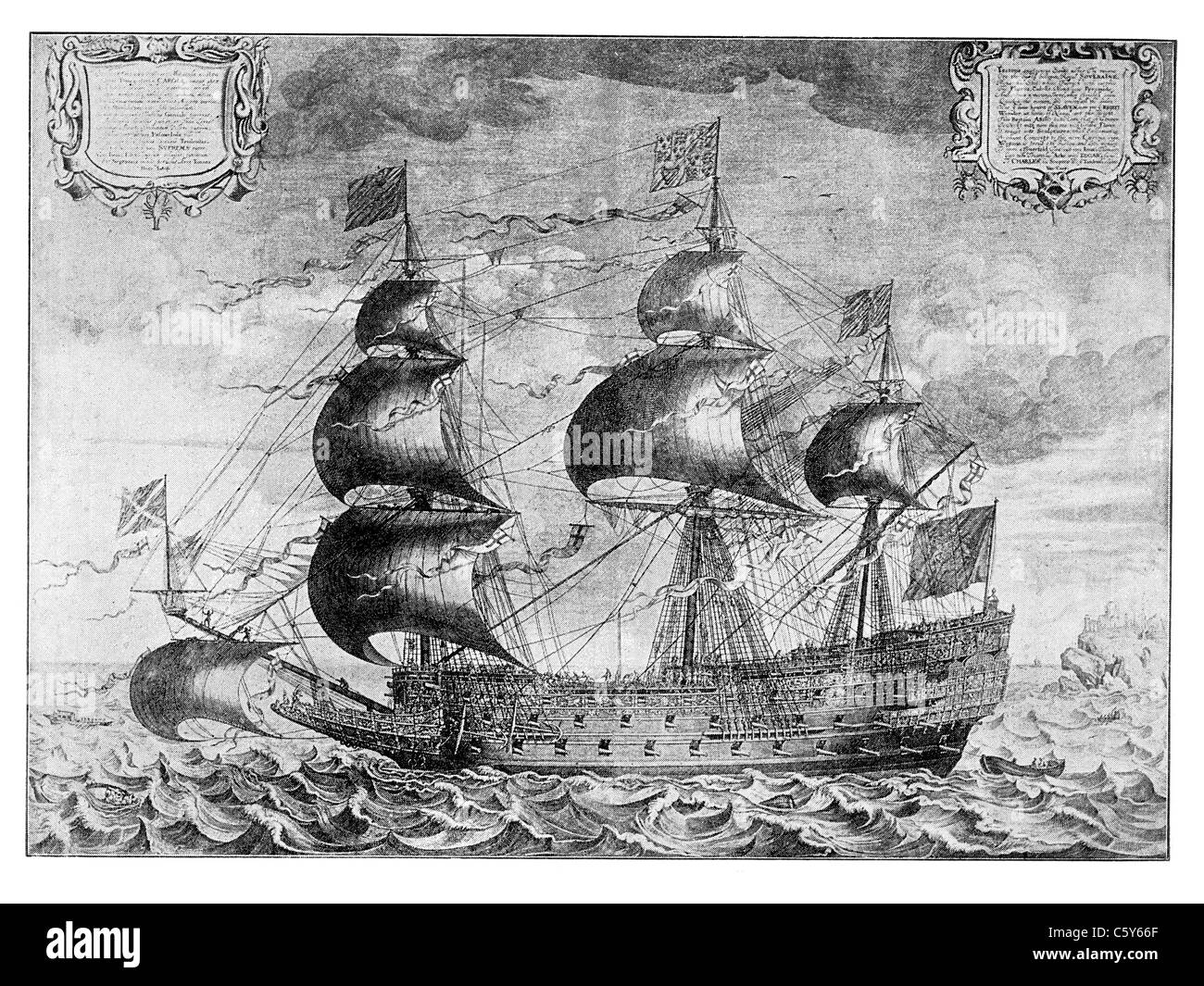 The Sovereign of the Seas, Built for the Royal Navy in 1637; Black and White Illustration; Stock Photo