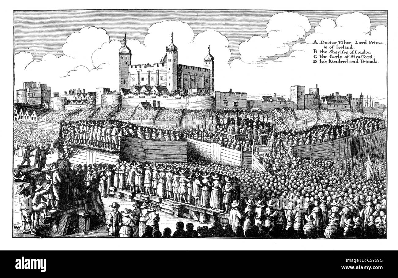 The Execution of Thomas Wentworth, the Earl of Strafford, 1641, after Wenceleslaus Hollar; Black and White Illustration; Stock Photo