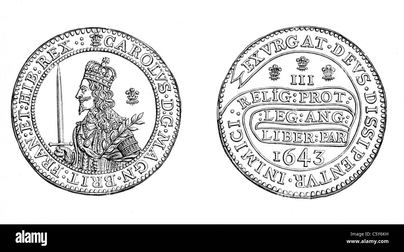 £3 Gold Piece of Charles I, Coined at Oxford, 1643; Black and White Illustration; Stock Photo