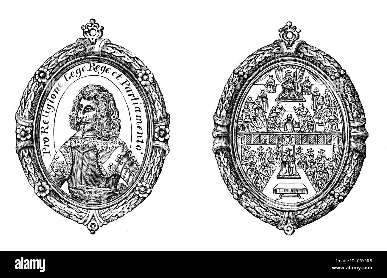 Medal of the Earl of Manchester, English Parliamentarian during the English Ciil war; Black and White Illustration; Stock Photo