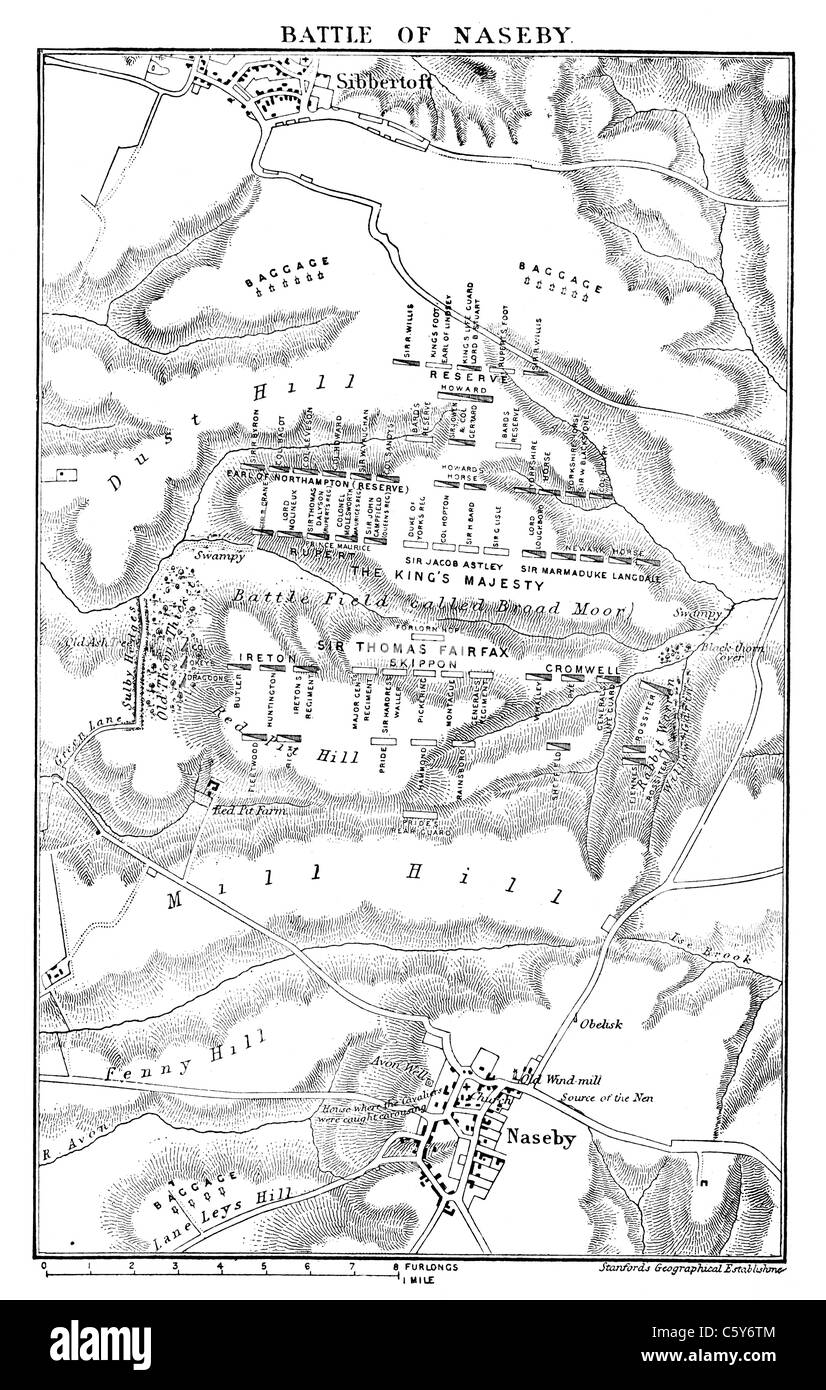 Map showing the deployment of Parliamentarian and Royalist forces, Battle of Naseby, 14 June 1645; Black and White Illustration; Stock Photo