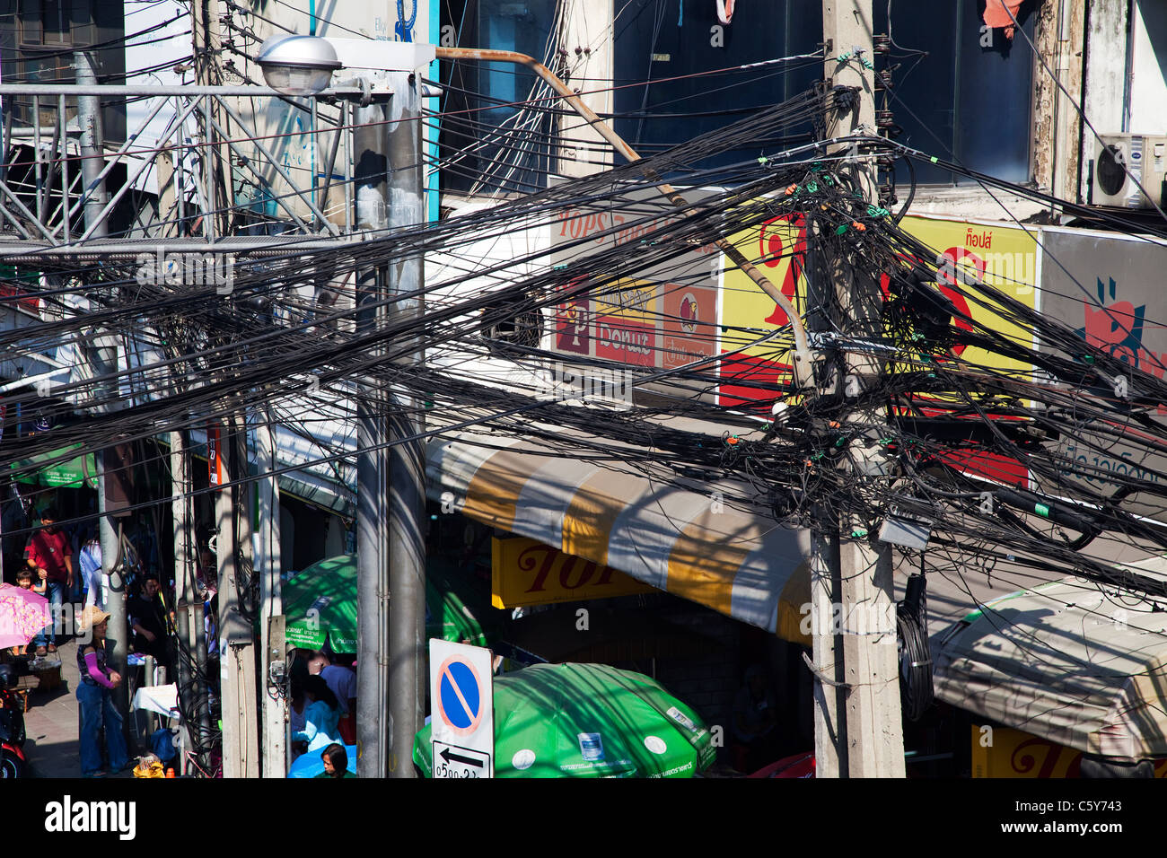 Messy Power Line in Bangkok, Thailand Stock Photo