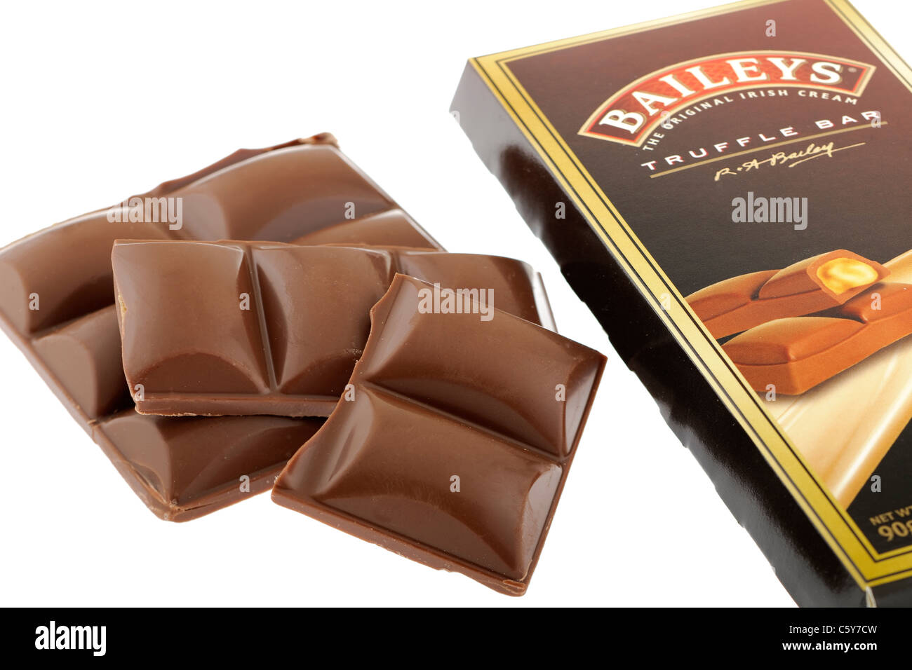 90 gram block of Baileys Truffle filled chocolate bar pieces. Stock Photo