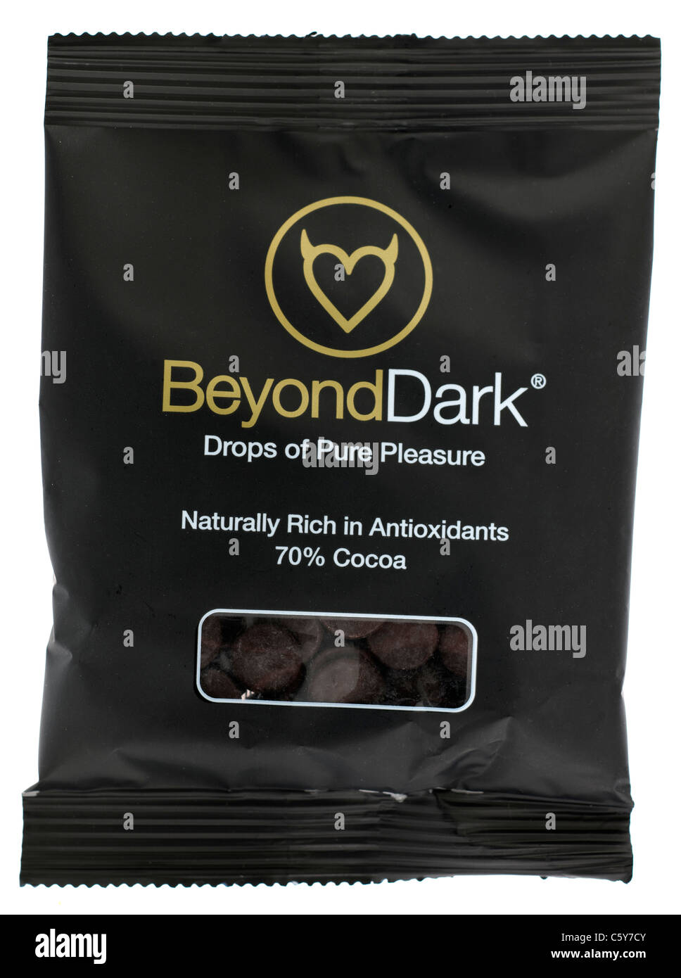 Bag of Beyond Dark chocolate drops. Stock Photo