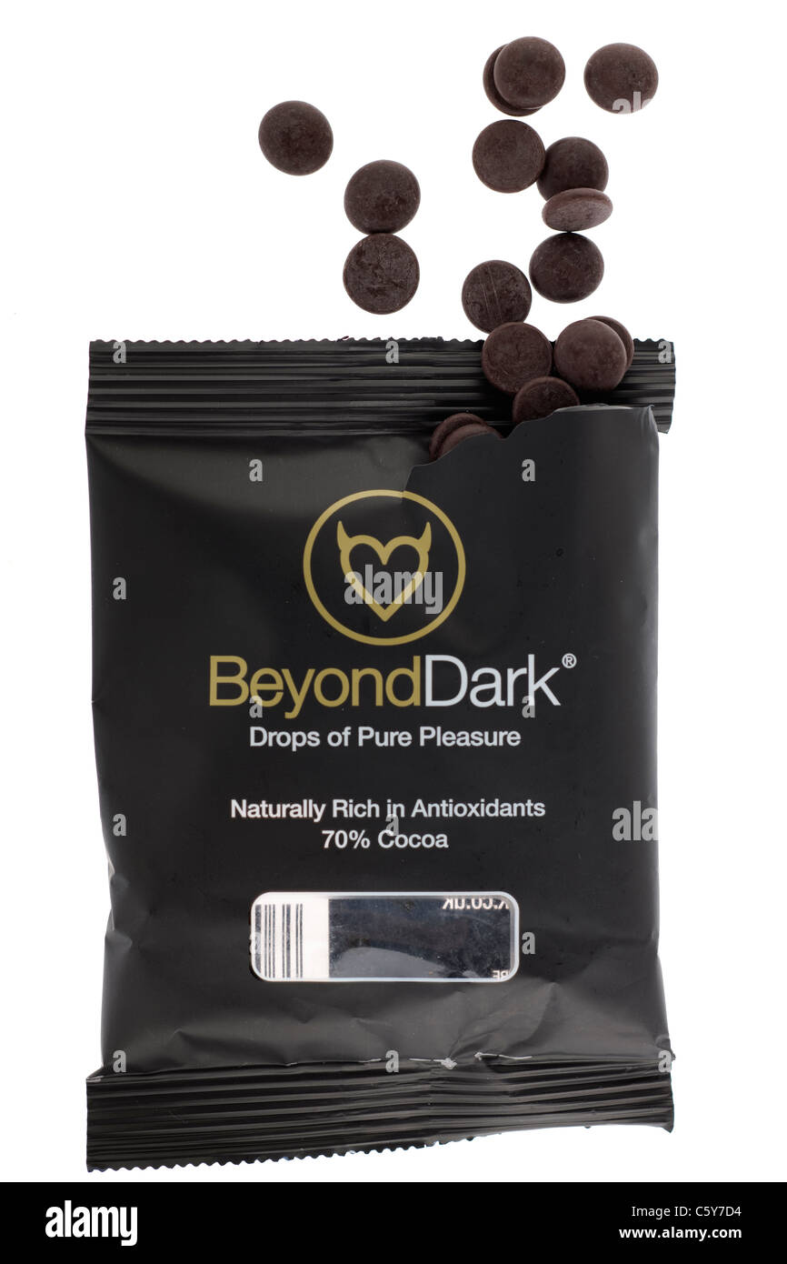 Bag of Beyond Dark chocolate drops. Stock Photo