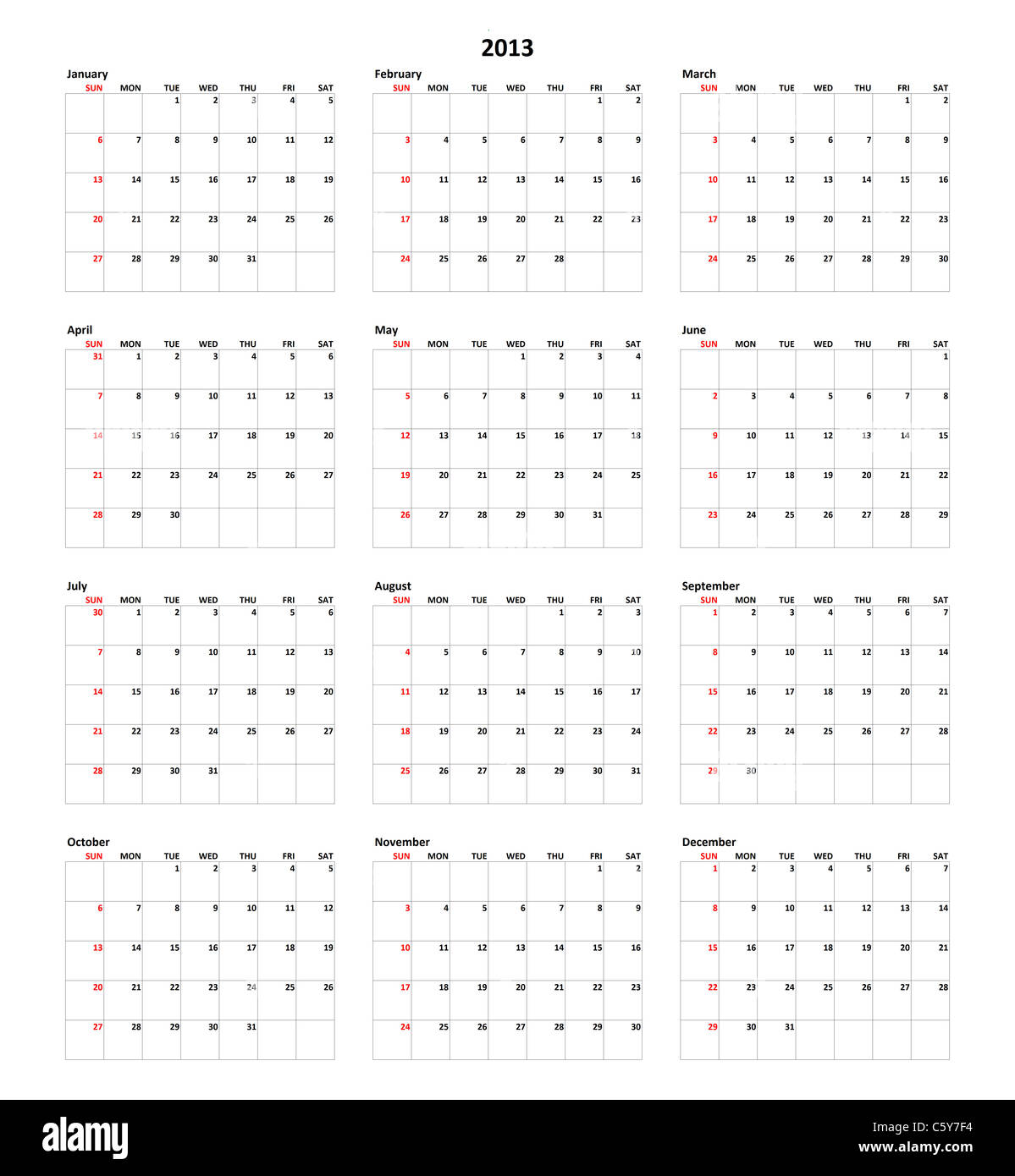 Simple Calendar for year 2013 - Stock Image