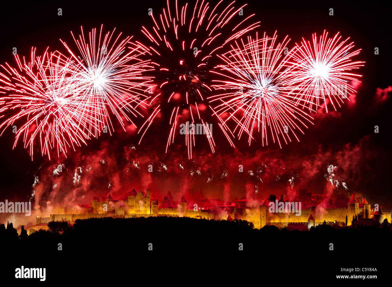Bastille day fireworks over Carcassonne in Languedoc Stock Photo - Alamy