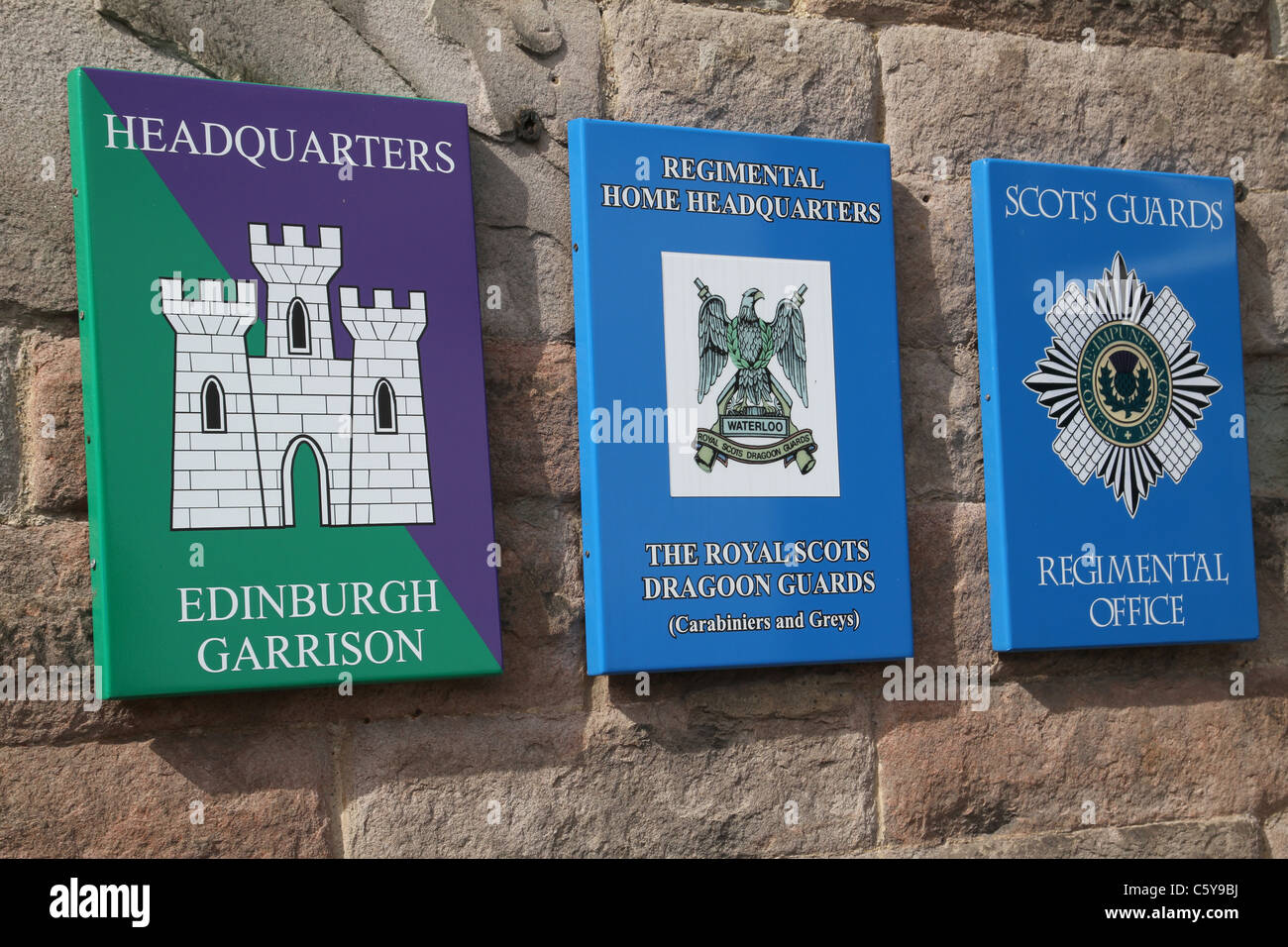 Plaques with names of different regiments and garrisons at Edinburgh Castle, Scotland Stock Photo