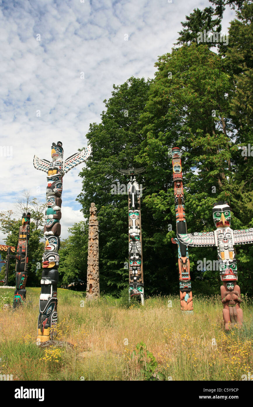 Totem Poles in Stanley Park, Vancouver, BC Stock Photo