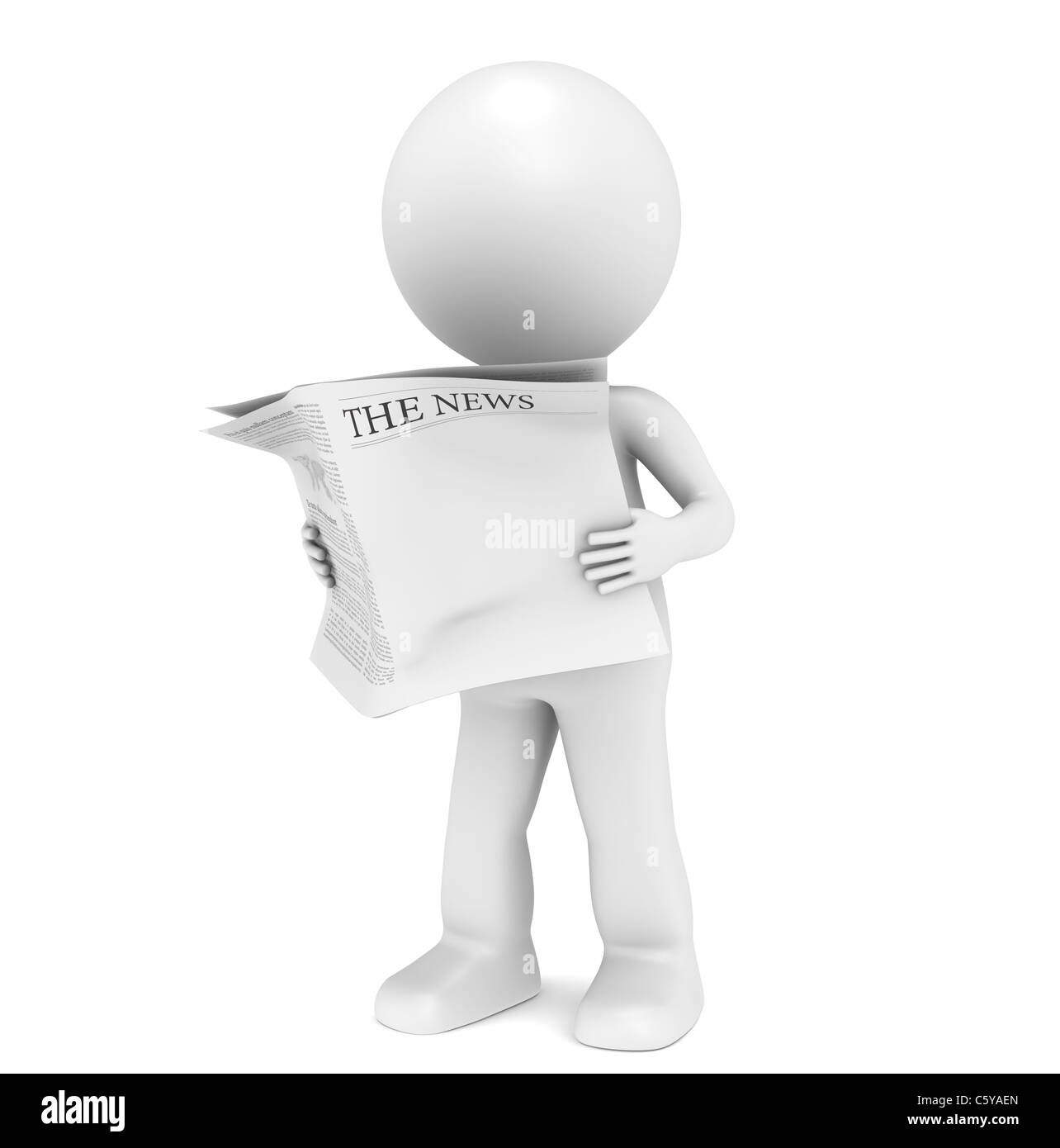 3D little human character Reading a News Paper. Blank Front Page for Copy Space. Stock Photo