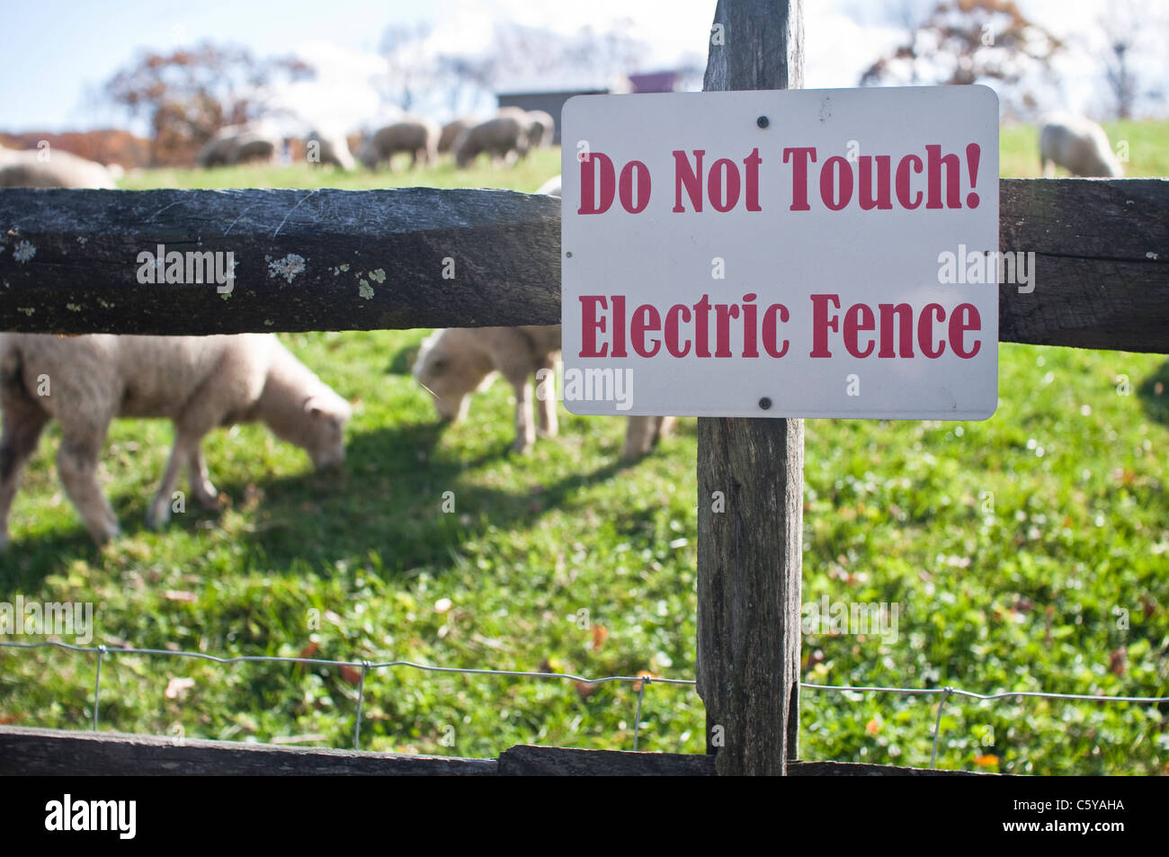 A warning sign for an electric fence on a farm in Hudson Valley, New