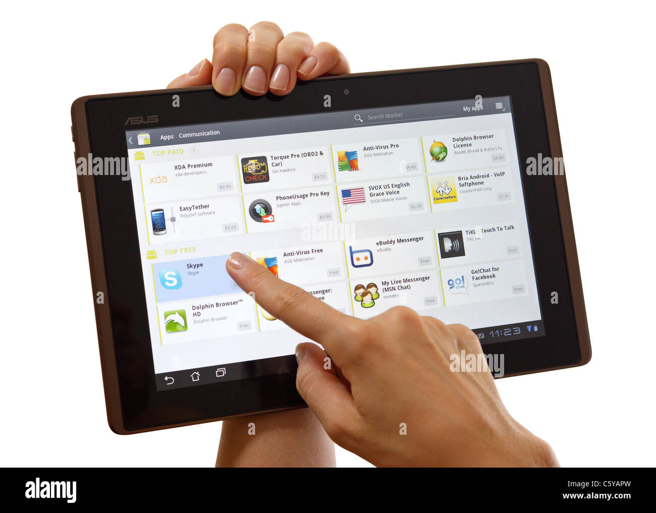 Android tablet, browing Android market, pressing Skype link Stock Photo
