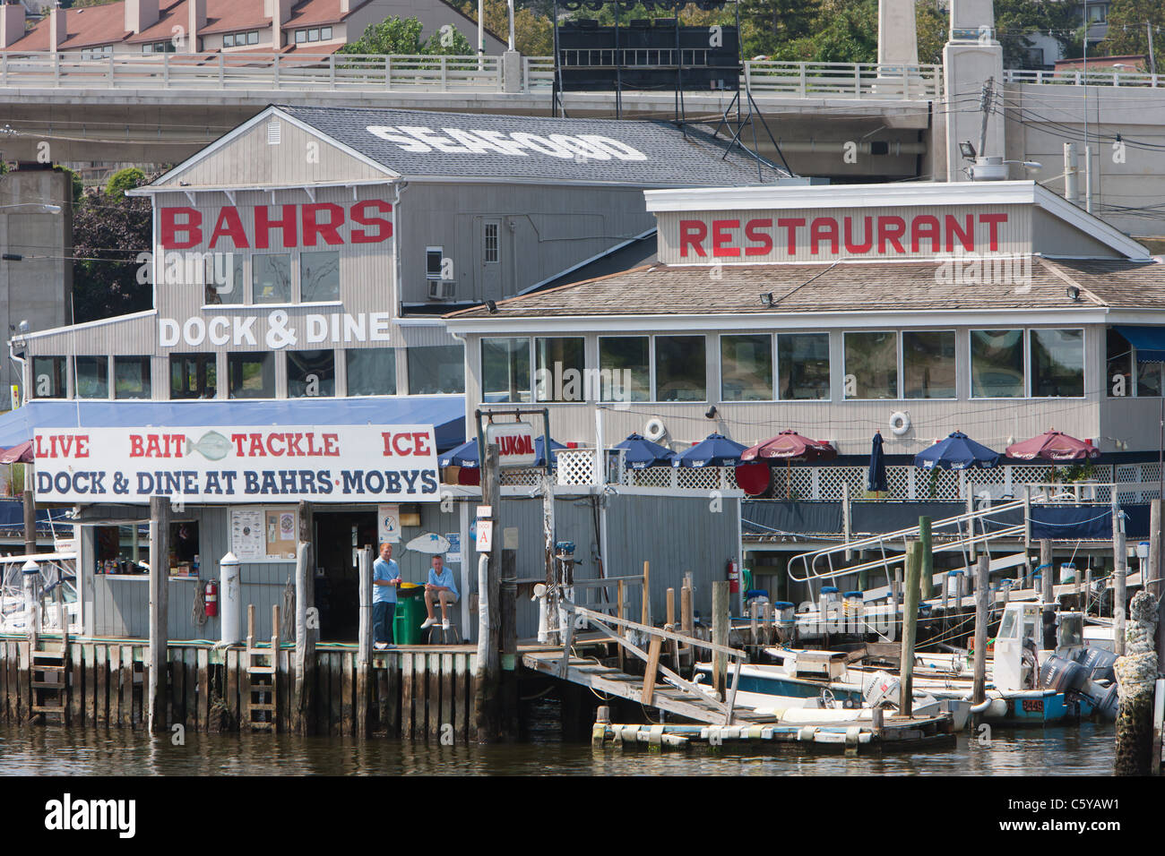 Bahr's Landing offers a restaurant, marine fuel, bait and tackle and other services and products for boaters in Highlands, New Jersey. Stock Photo
