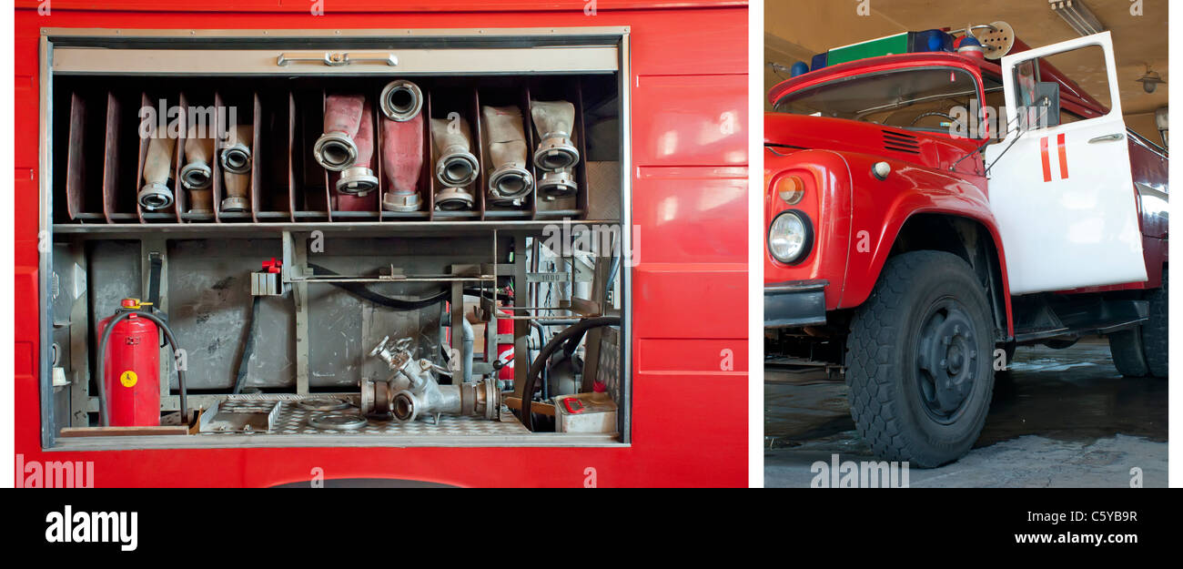Old fire truck, fire hoses and equipment Stock Photo