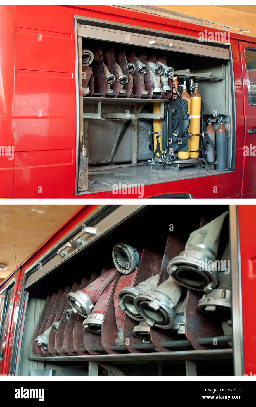 Old fire truck, fire hoses and equipment Stock Photo
