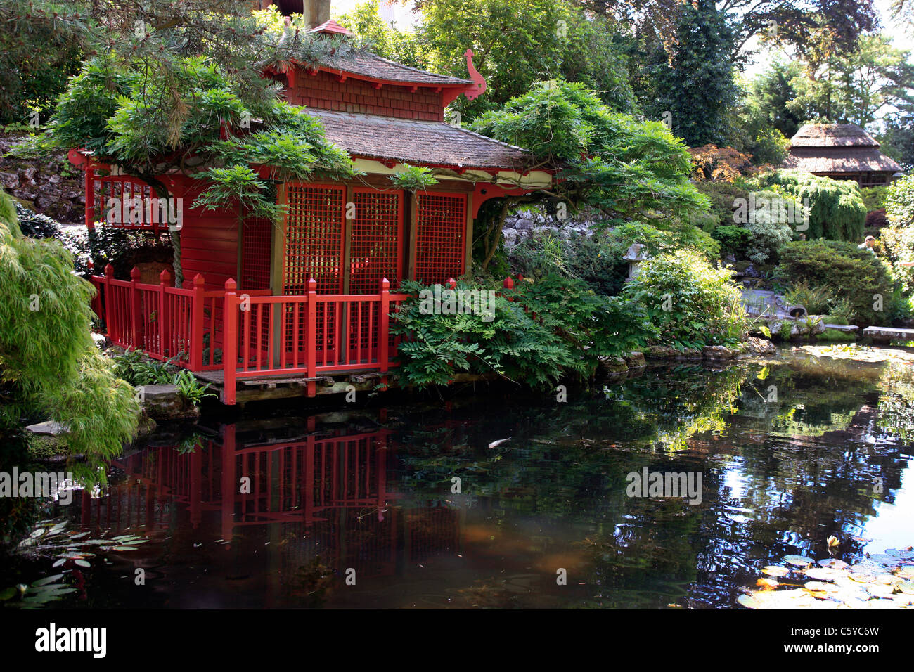 Japanese Gardens and Red Tea House Stock Photo Alamy
