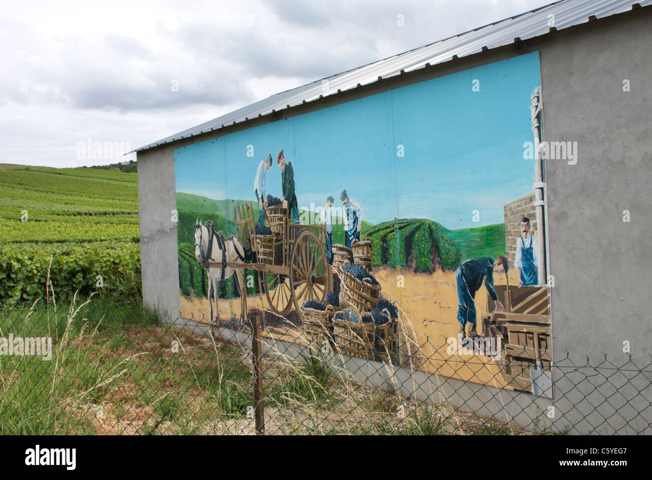 Mural on the side of a barn amongst the vineyards in the Champagne region of France Stock Photo