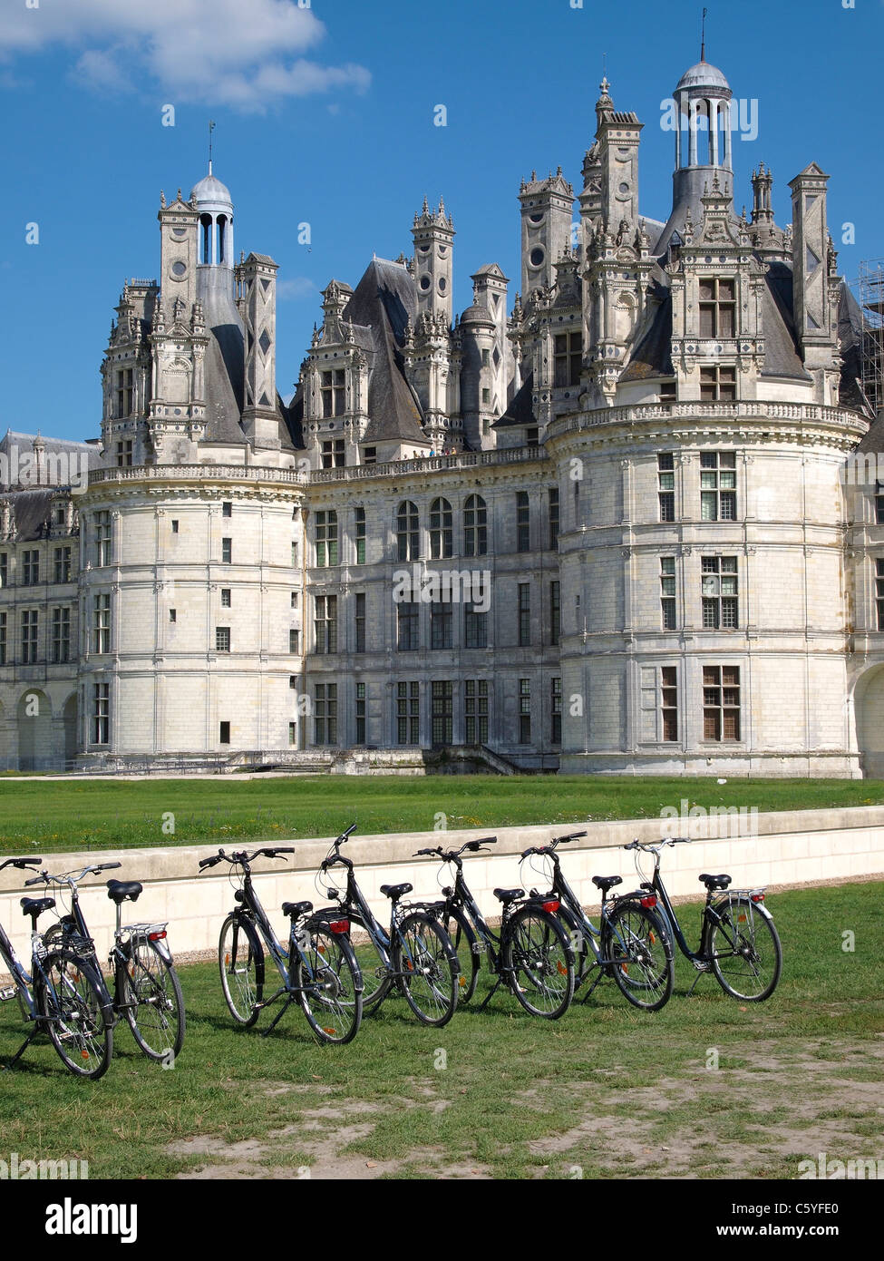 Bicycles parked in front of the Chateau Royal de Chambord, Loire valley, France Stock Photo