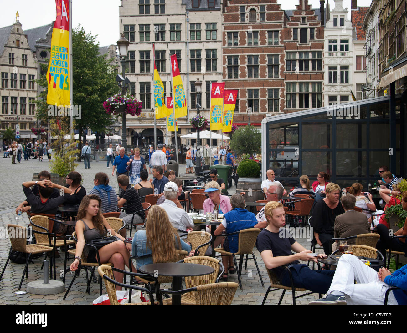 Many people on the Grote Markt square in Antwerp, Belgium Stock Photo
