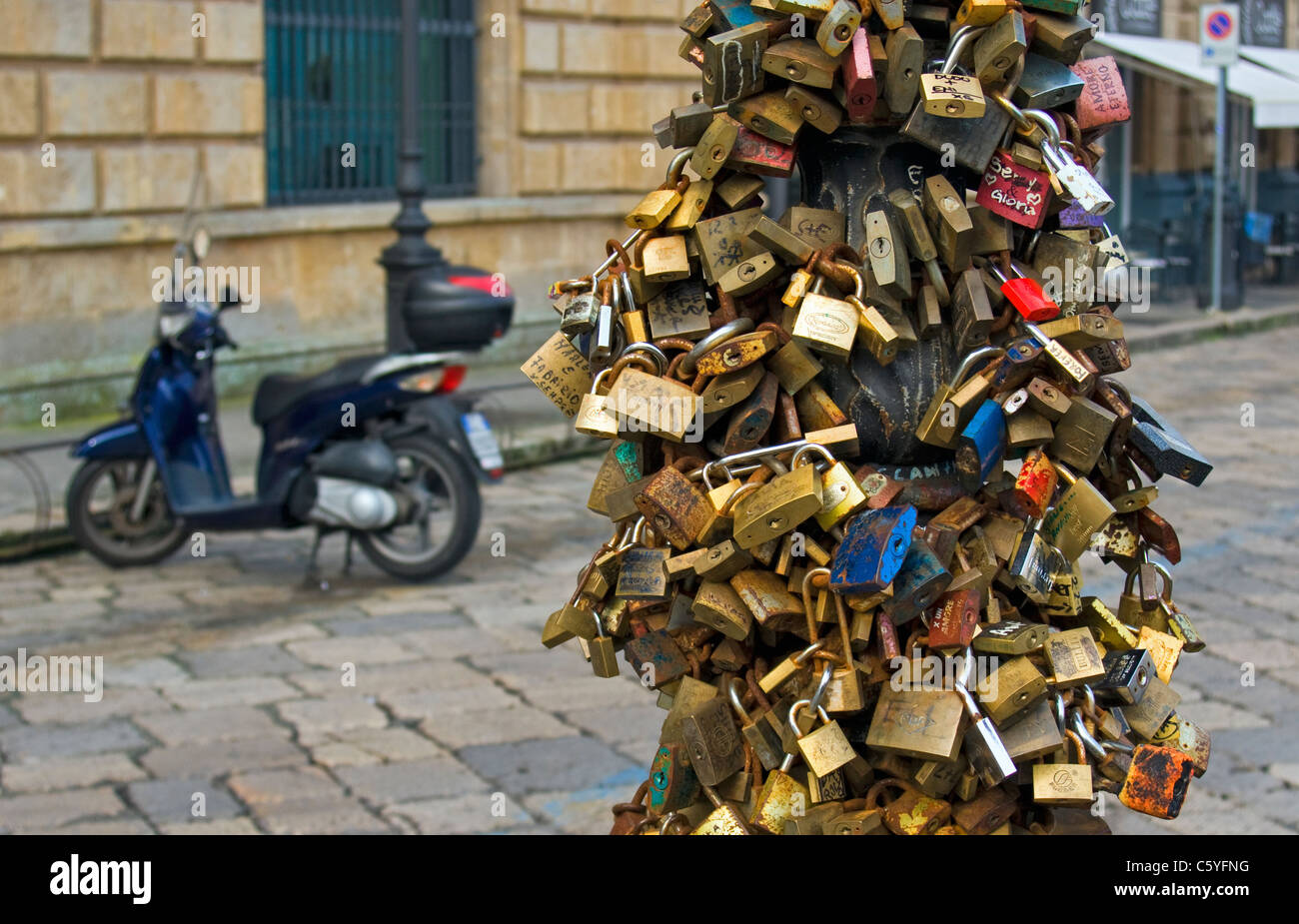 Love Locks (Padlocks) on Lamppost, Piazza Sant'Oronzo, Lecce, Apulia (Puglia), Southern Italy