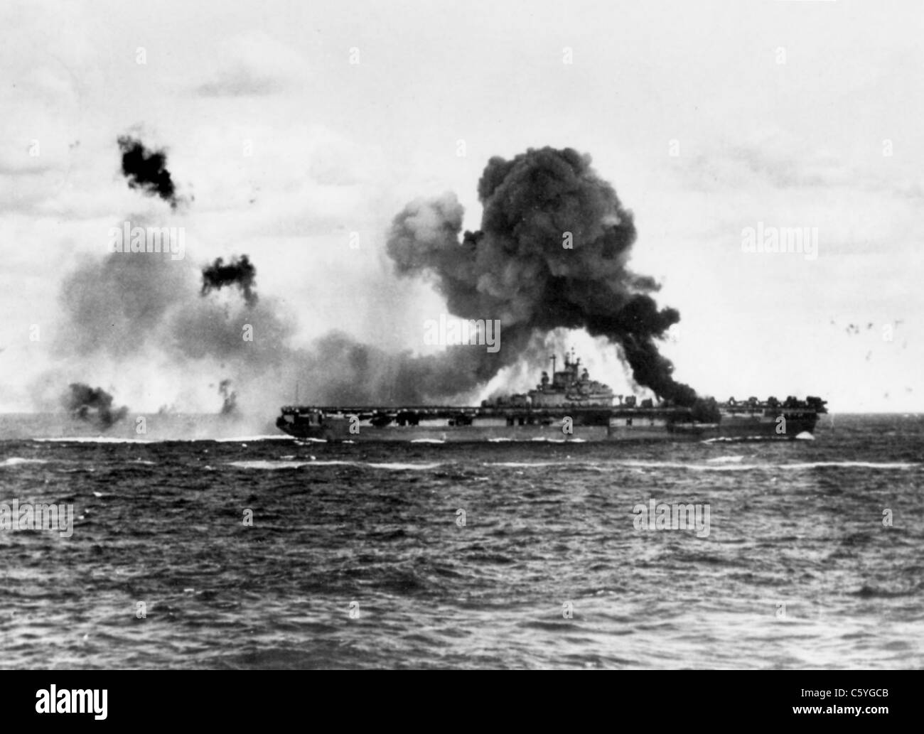 JAPANESE KAMIKAZE attack on USS Enterprise 14 May 1945. Photo US Navy Stock Photo