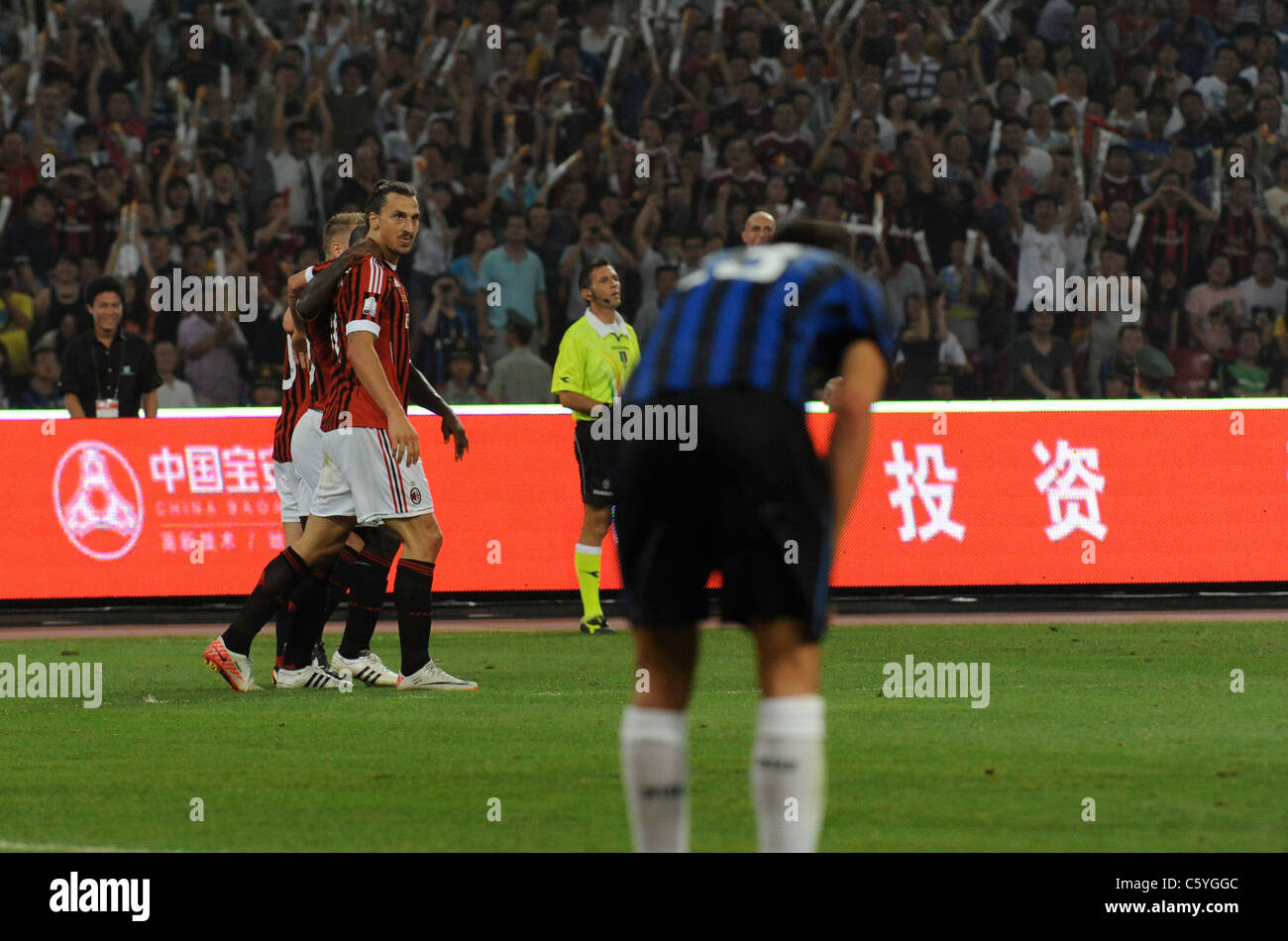 Zlatan Ibrahimovic of AC Milan reacts after scoring a goal against
