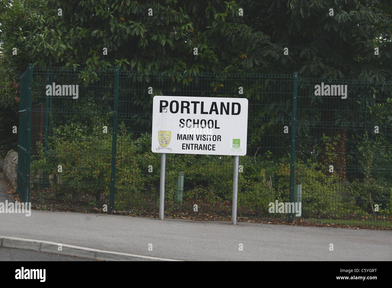 Portland School main visitor entrance sign. Worksop, Notts, England Stock Photo