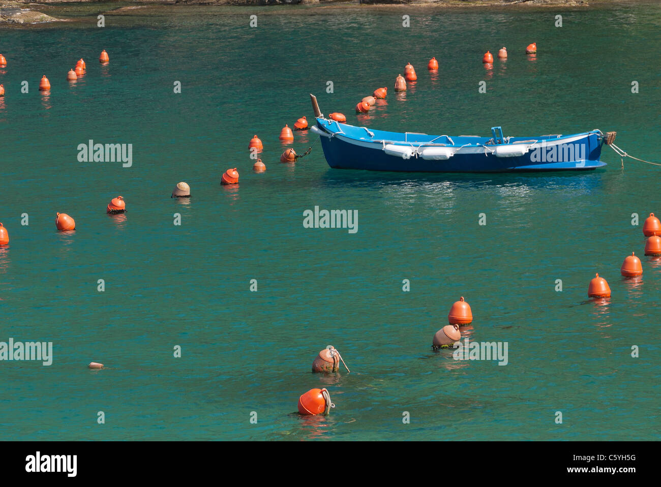 Row boat moored in harbor surrounded by small orange markers (buoys or bumpers), Vernazza, Cinque Terre, Italy. Stock Photo