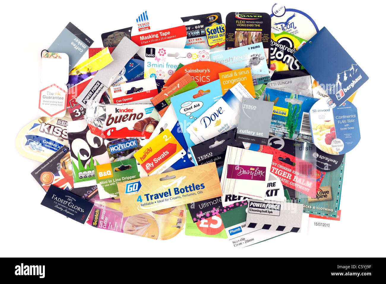 Pile of assorted product labels. Stock Photo
