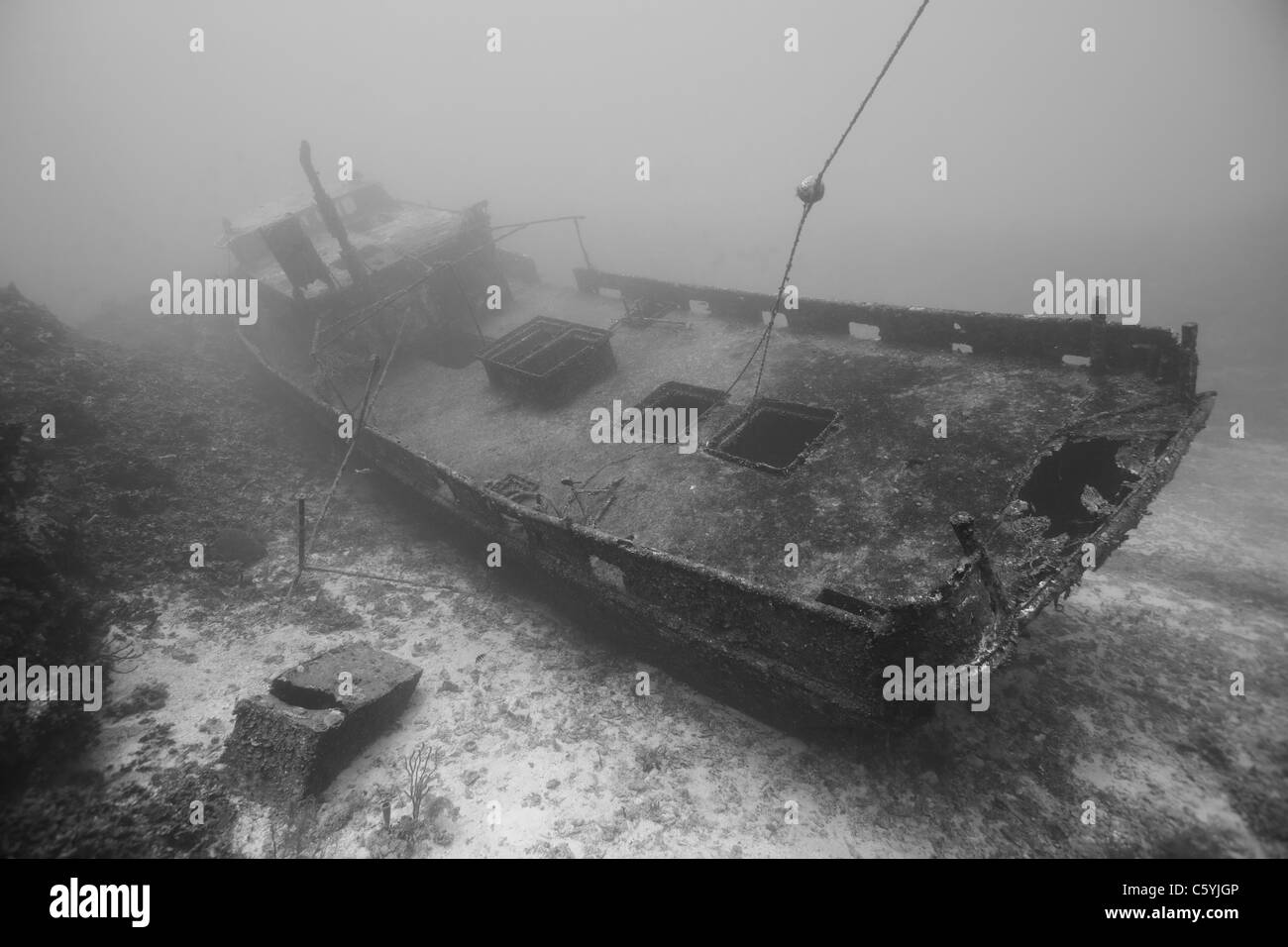 The wreck of the Mr. Bud, a former shrimping boat, scuttled off the island of Roatan, Honduras Stock Photo