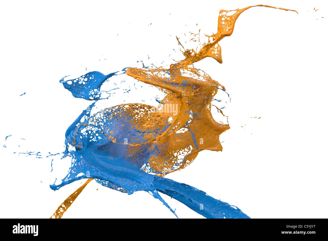 blue and orange paint splashes collide, isolated on white background