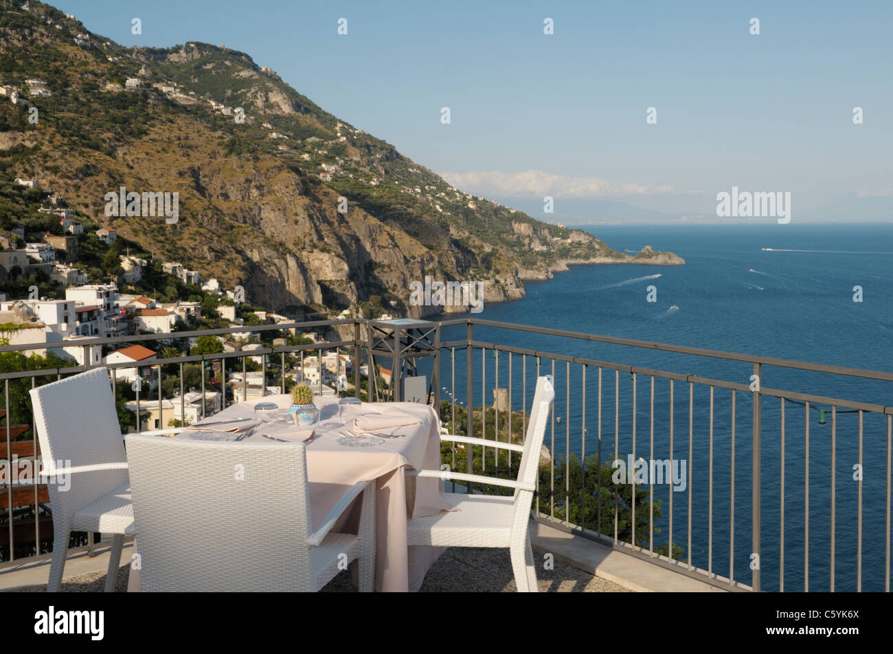 View from a restaurant terrace in Praiano, Amalfi Coast, Italy.  The Hotel Margherita restaurant. Stock Photo