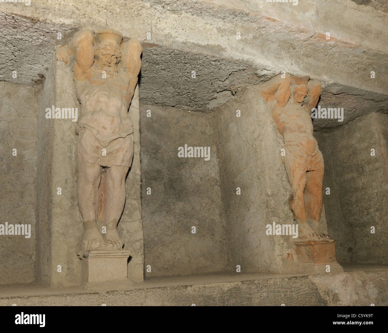 Pompeii forum baths.  Walls of the vault of the public baths with mythological figures. Stock Photo