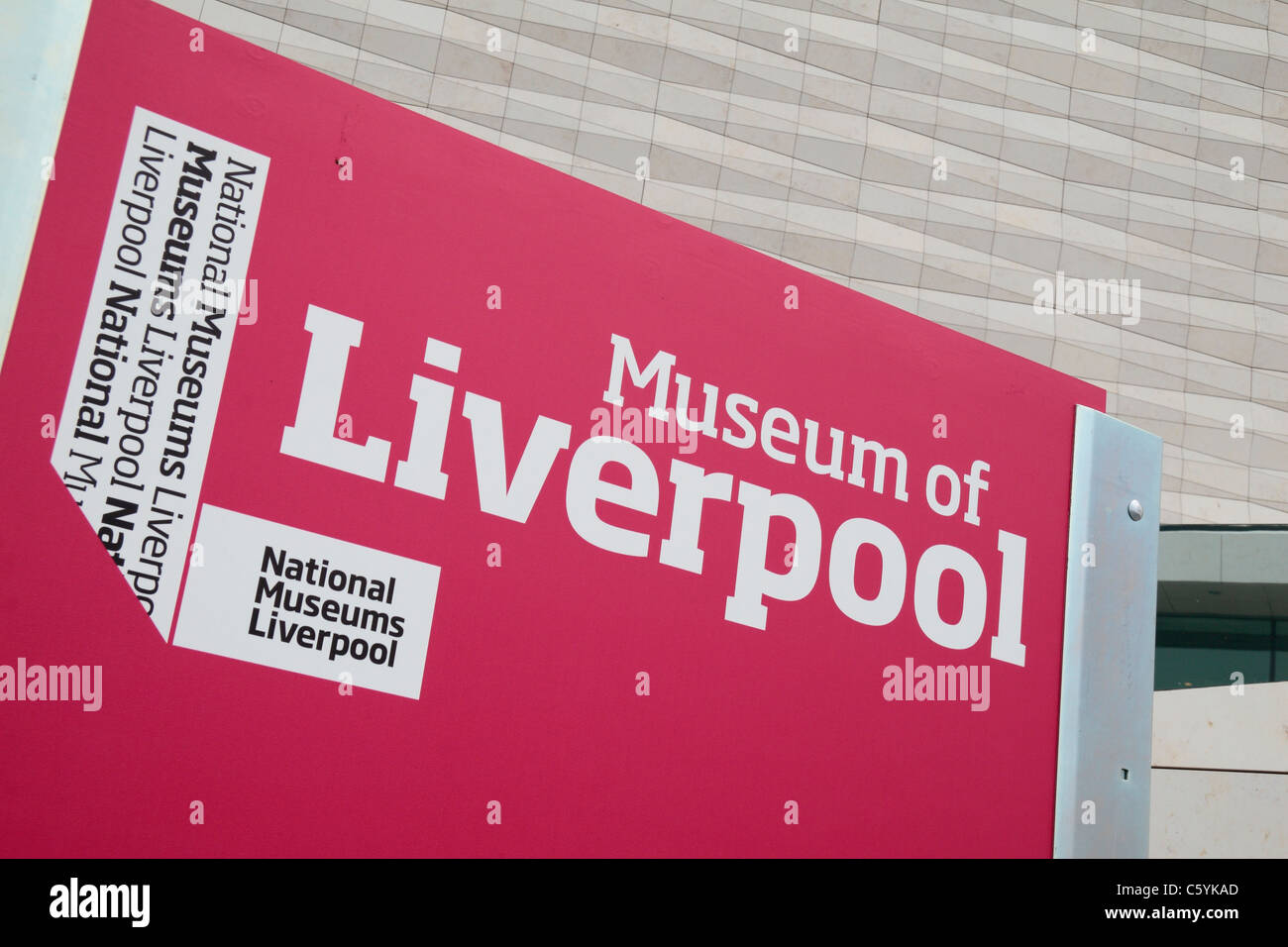 The 'National Museums Liverpool' logo outside the Museum of Liverpool, Pier Head, Liverpool, UK Stock Photo