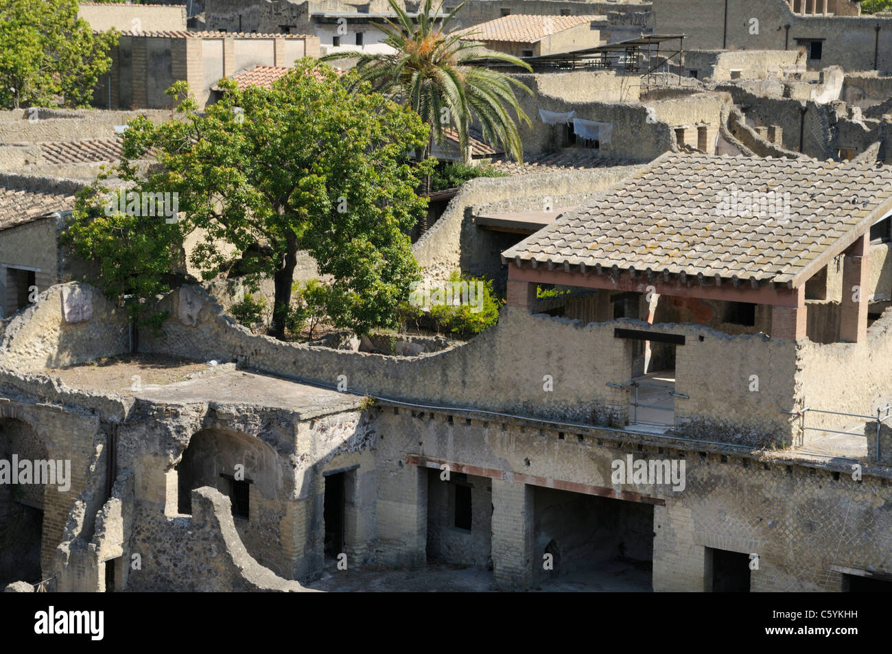 View of Herculaneum from above showing preserved rooves Stock Photo