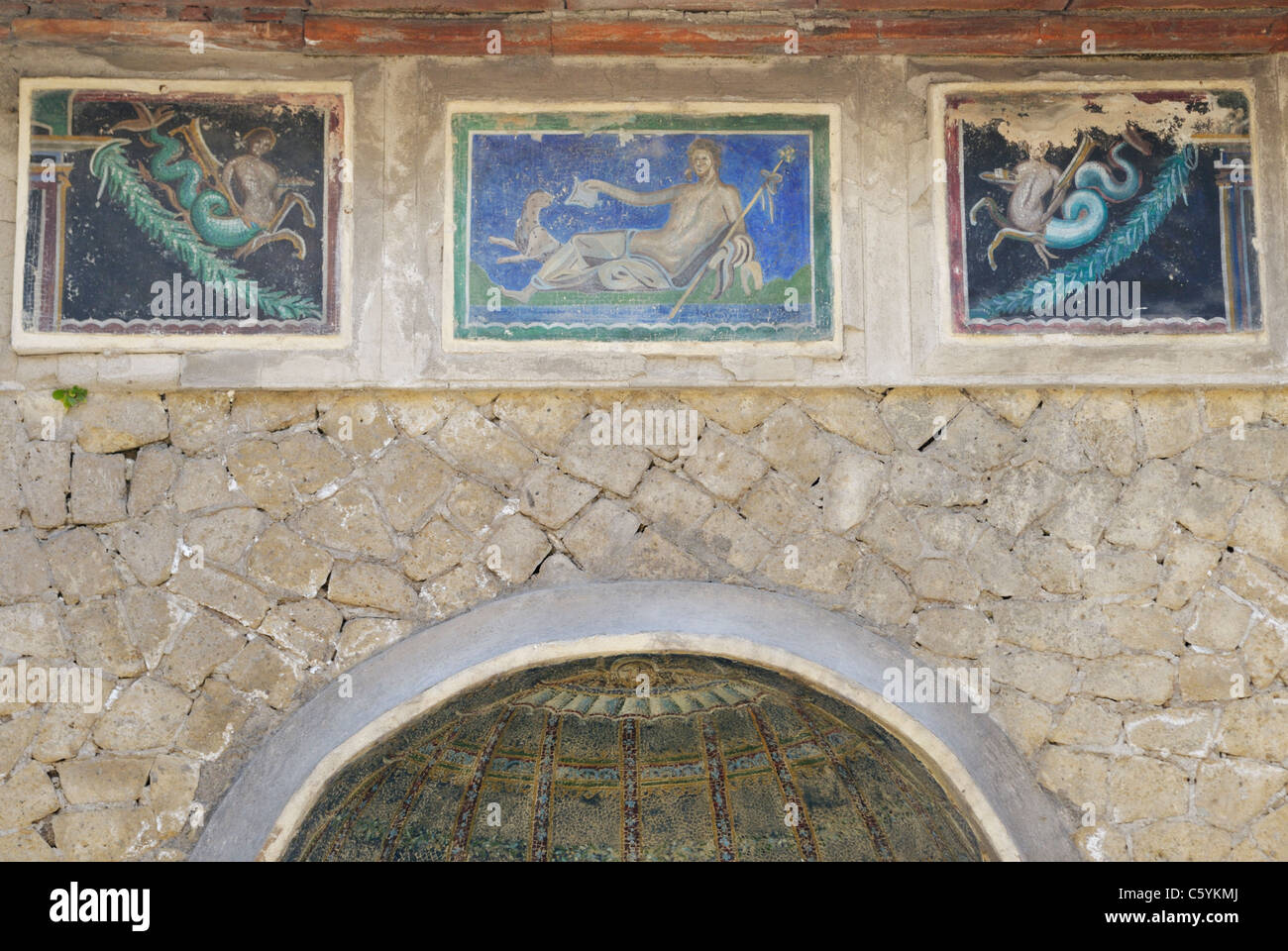 Nymphaeum with a frieze of mythological figures (3of 7 panels shown) , House of the Skeleton, Herculaneum Stock Photo