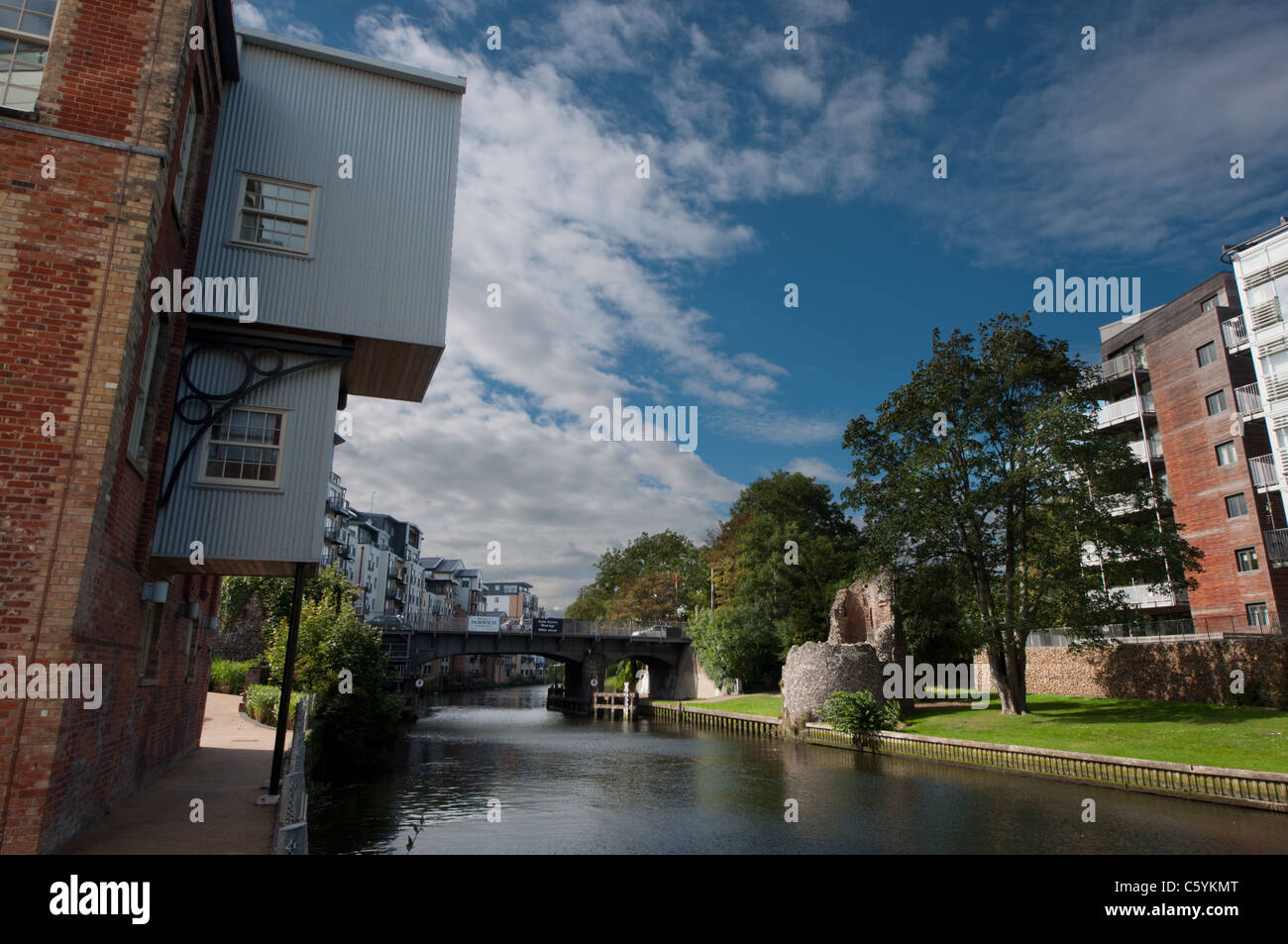 River Wensum with riverside apartments Carrow Bridge Norwich Stock