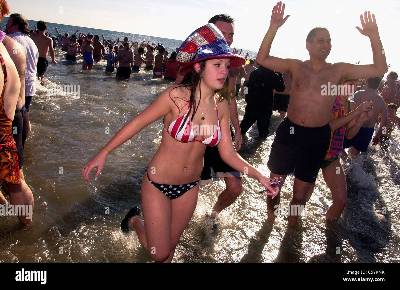 Members of the Coney Island Polar Bear Club gather on New Year's Day,  January 1, 2004 for their annual swim Stock Photo - Alamy