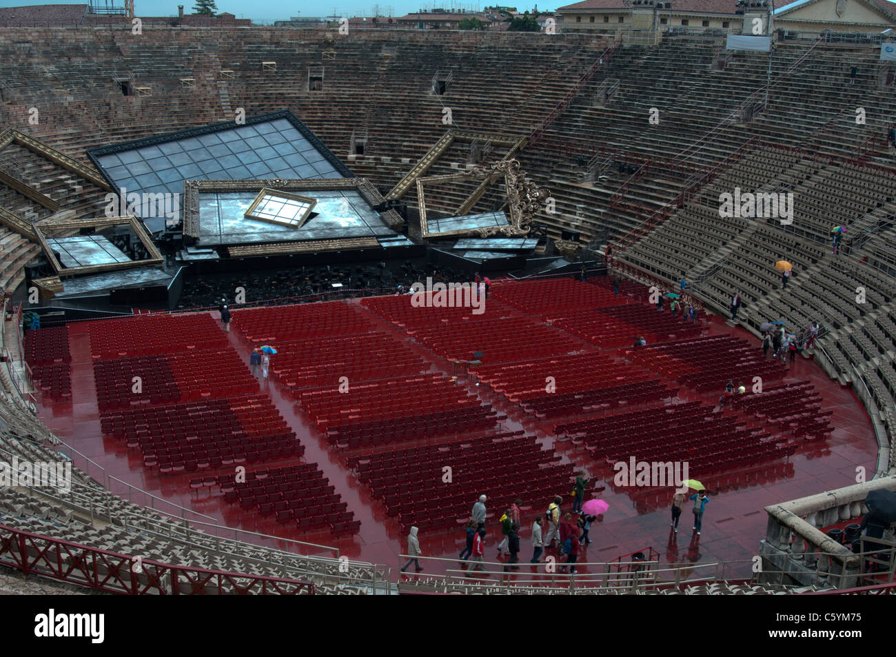 Inside the Roman Arena or amphitheatre in Verona, with stage sets for La Traviata Stock Photo