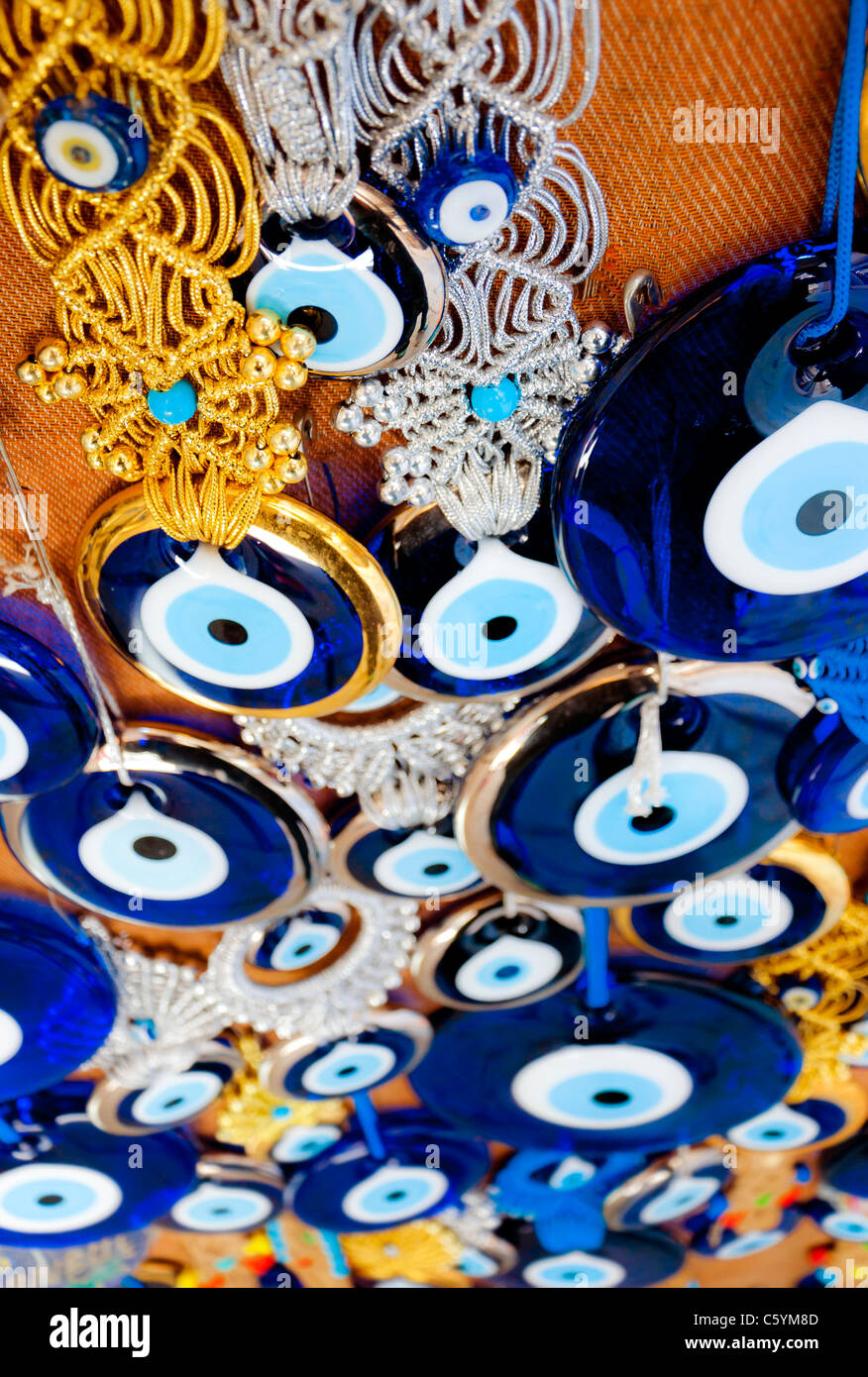 Turkish evil eye protector beads, made of blue and white glass as a souvenir Stock Photo