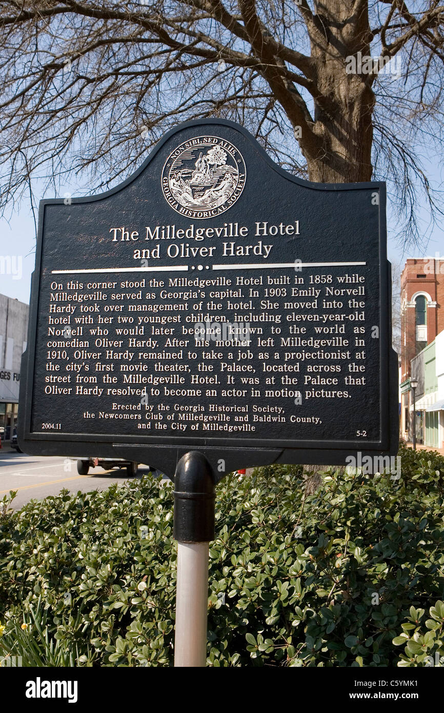 The Milledgeville Hotel and Oliver Hardy. The Milledgeville Hotel built in 1858 while Milledgeville served as Georgia's capital. Stock Photo