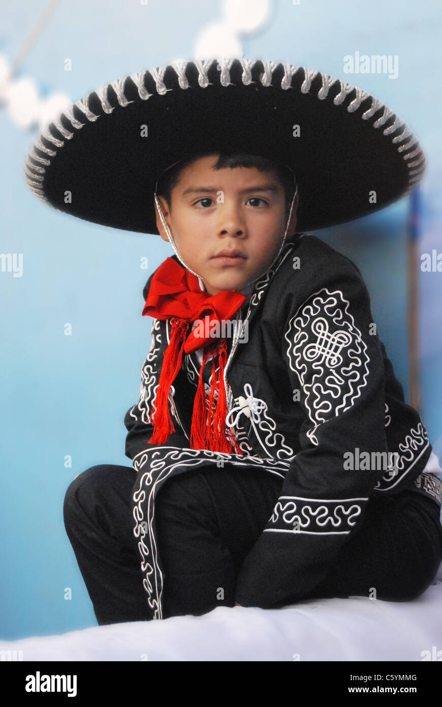 Young Mexican cowboy in traditional 'charro' dress. Stock Photo