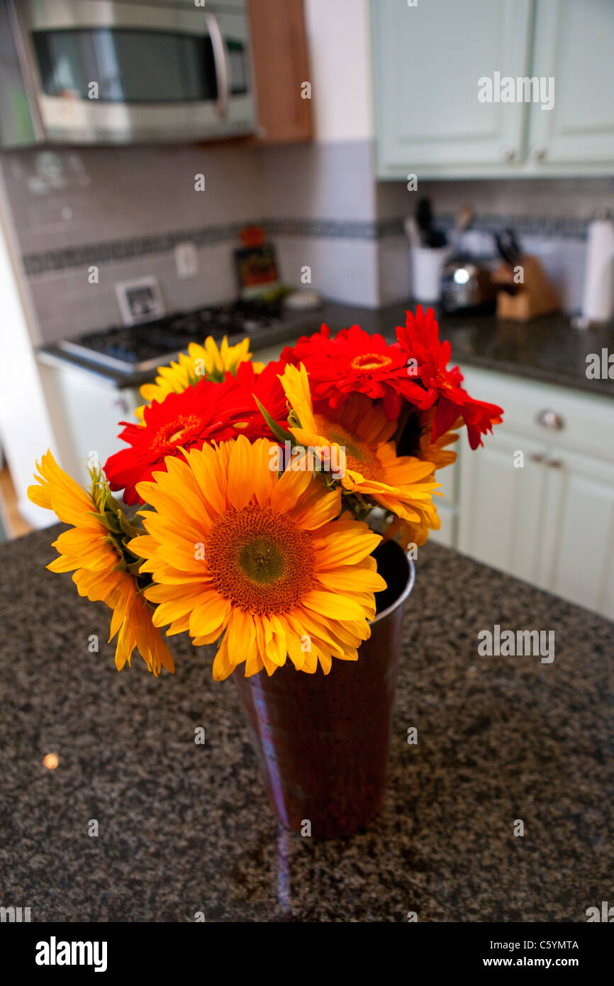 A vase of sunflowers (Helianthus annuus) and red Gerbera Daisy flowers