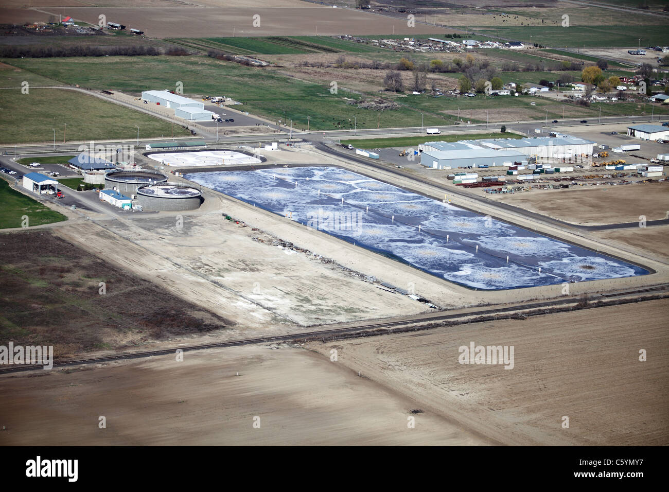 An aerial view of a sewage treatment facility Stock Photo