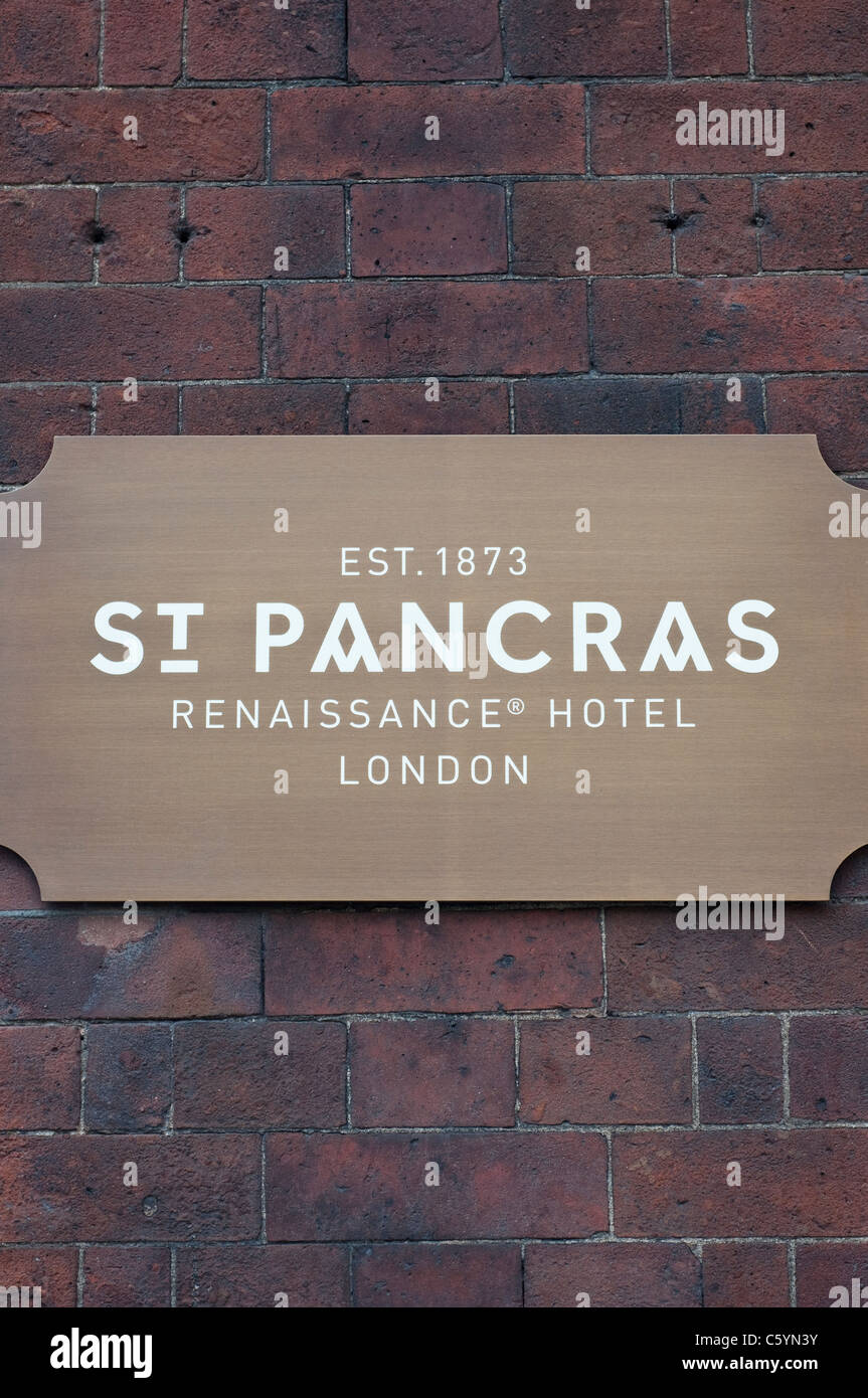 The sign beside the entrance to the St Pancras Renaissance Hotel London (Marriott) adjoined to St Pancras Station, London. Stock Photo