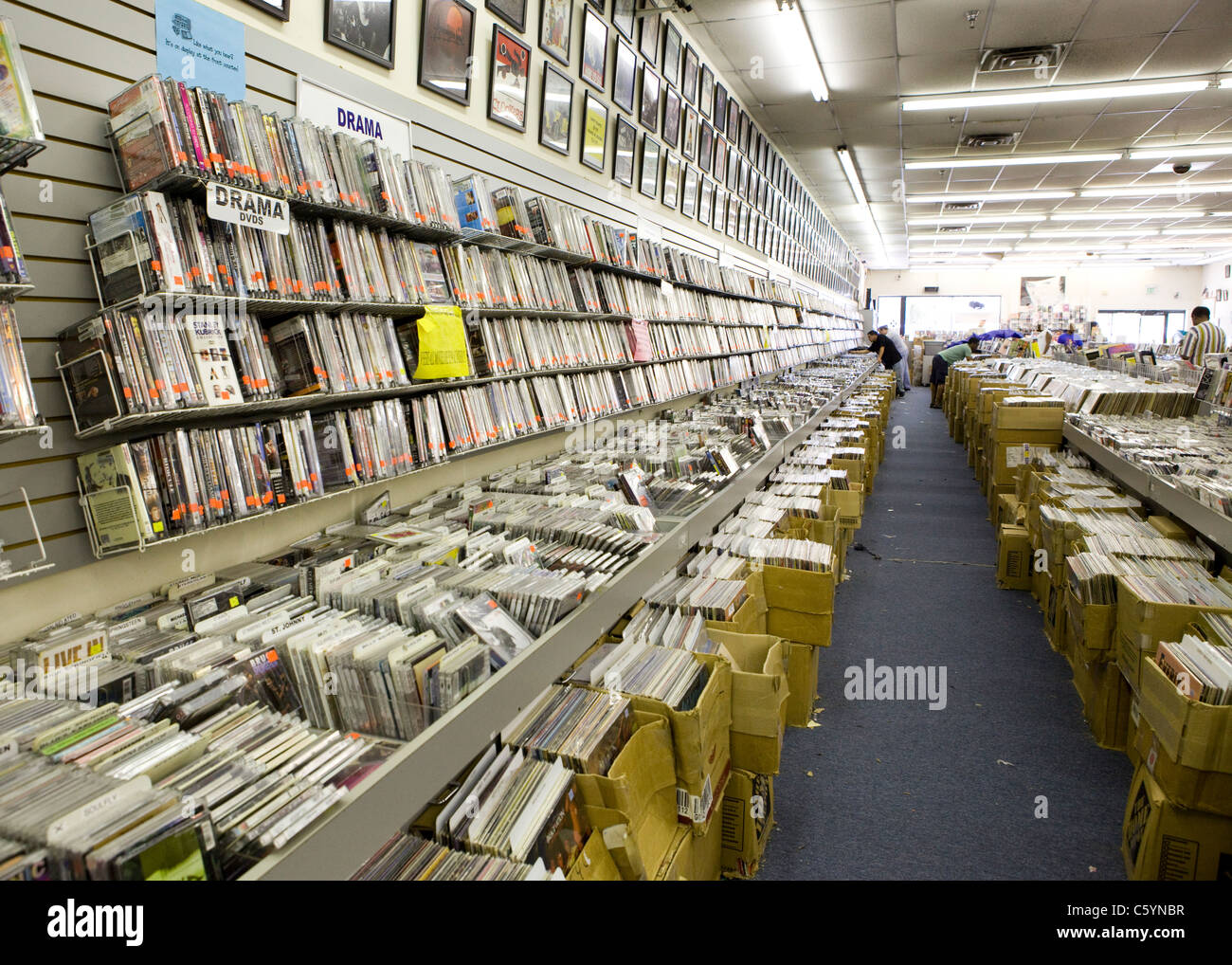 Used DVDs, CDs, and vinyl records line the walls and shelves in a music store Stock Photo