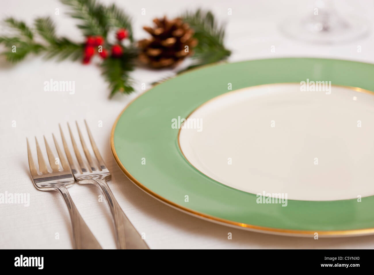 USA California, Fairfax, plate and Christmas decoration on table Stock Photo