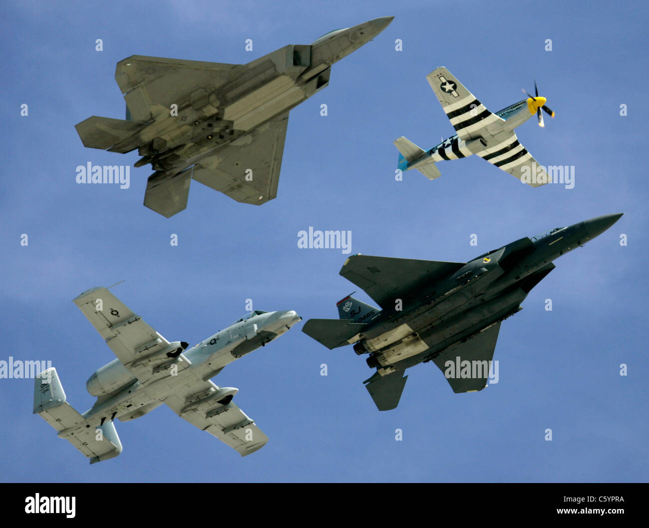 Aircraft from top, clockwise, F-22 Raptor, a World War II era P-51 Mustang, an F-15 Eagle, and an A-10 Thunderbolt Stock Photo