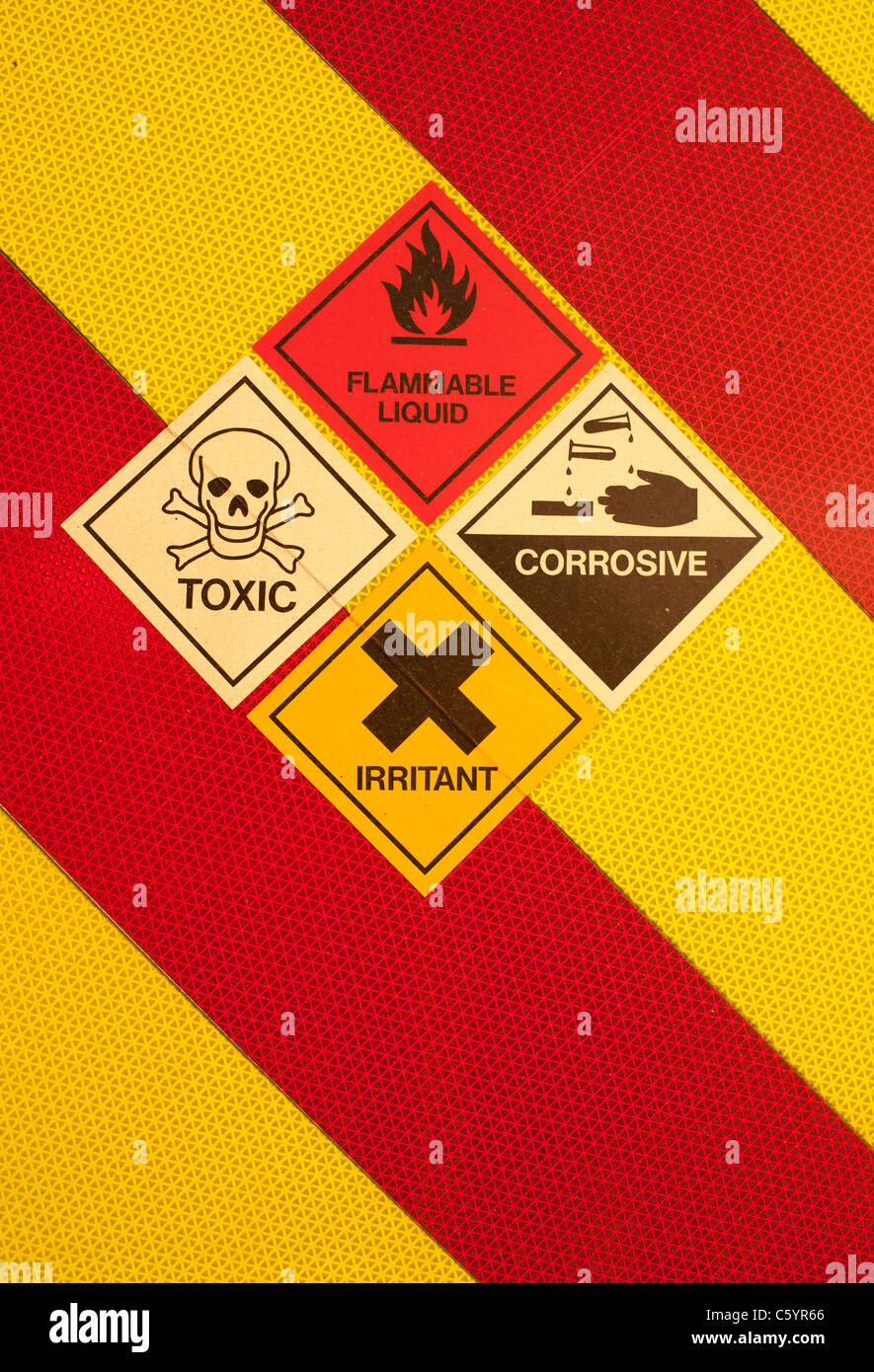Danger toxic chemicals and liquids warning symbols, UK Stock Photo