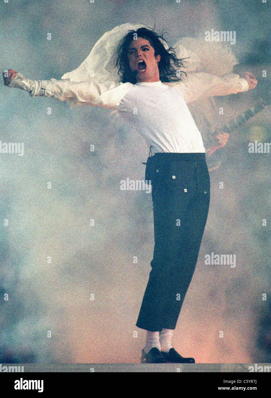 Michael Jackson performs during the 1993 Superbowl halftime show in Pasadena, California. Stock Photo